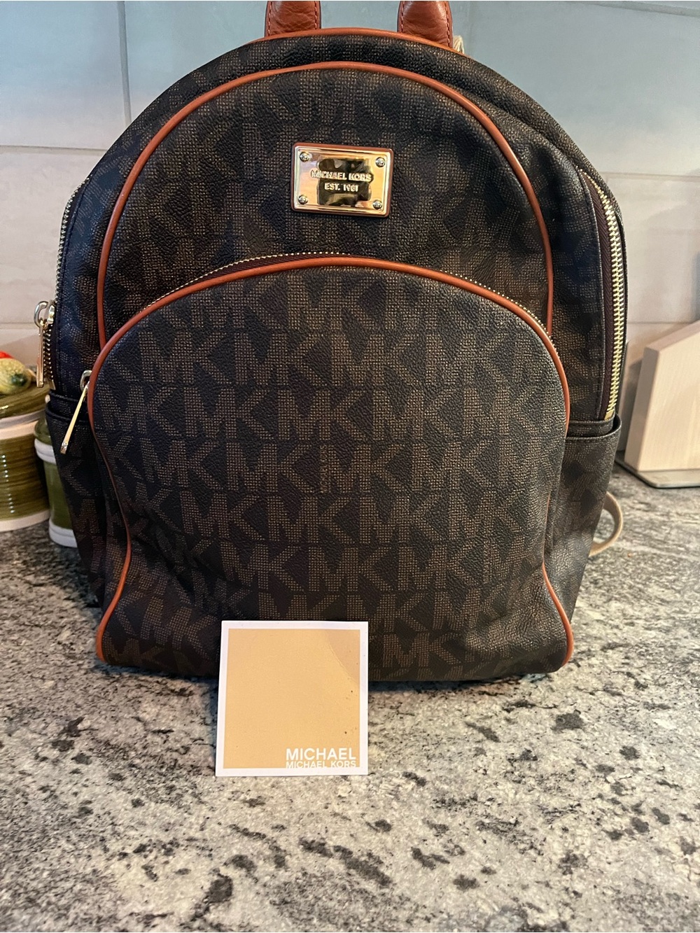 Michael Kors Large Zip-Pocket Backpack MK Brown Logo
